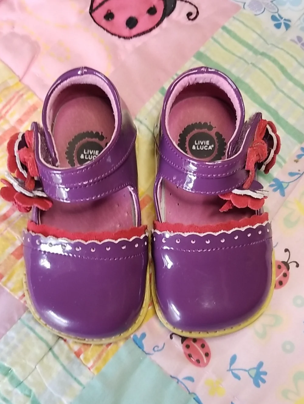 Livie & Luca Purple Patent Leather Mary Janes with Red Suede Flowers Size 6